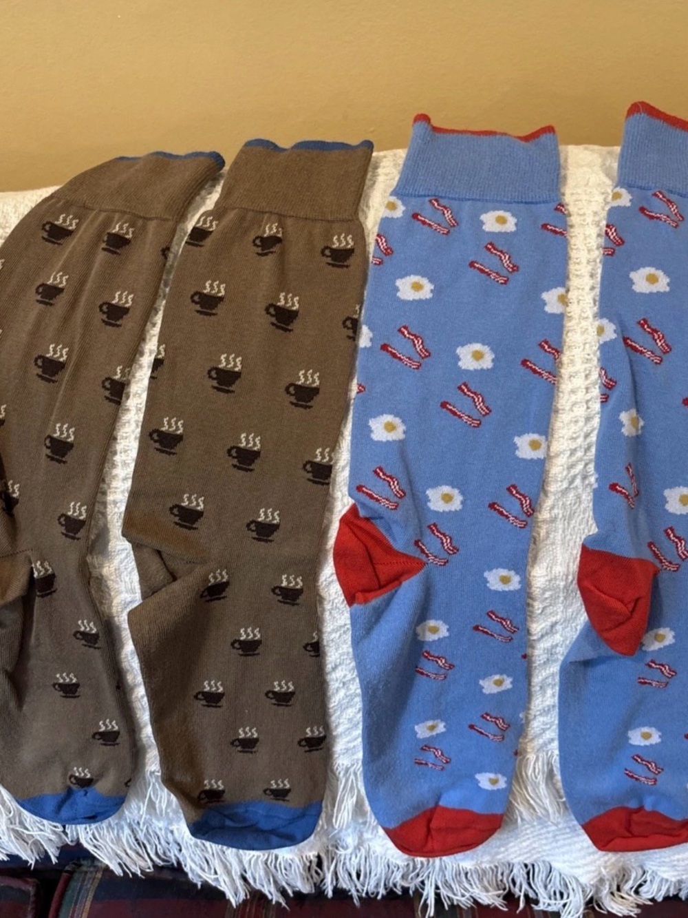 Men's Novelty Socks - Brown Coffee Cup & Blue Bacon & Egg Designs Size 9-12